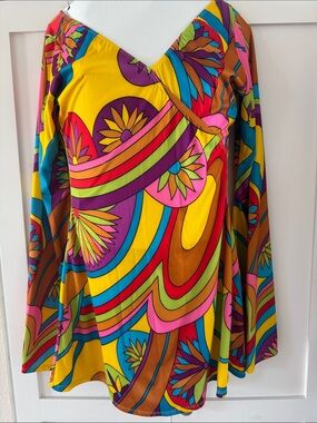 Hippie Halloween Costume V-Neck Long Sleeve Dress - Bold Retro Print